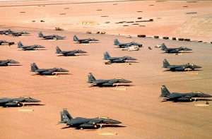 American F-15 fighter jets parked in the Arabian desert during Operation Desert Shield