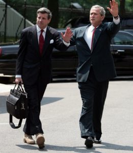 American President George W. Bush with Paul Bremer, leader of the Coalition Provisional Authority that administered Iraq between 2003 and 2004