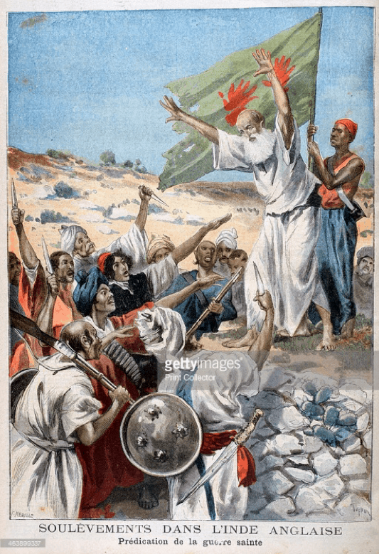 Preaching âHoly Warâ during an uprising in British India, 1897. Artist F. Meaulle, Le Petit Journal, October 3, 1897, Print Collector.