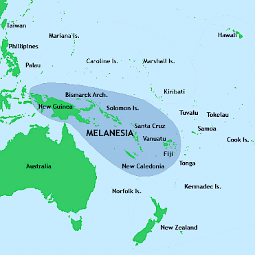 One cartographical definition of Melanesia, an arena for Australian and (since recently) Chinese ambitions in a broader Pacific World. Papua New Guinea, discussed in the text, constitutes the eastern half of the larger island of New Guinea.