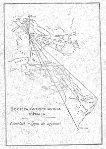 A map of Italian anti-slavery activists' activities in the 1930s, ranging from Eastern Africa to Europe.