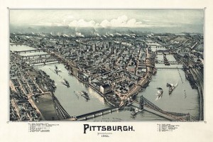 PIttsburgh, PA as a sooty city of smokestacks and chimneys in 1902, before the term 