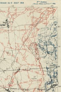 One-kilometer artillery grid on a French trench map, Moreuil, 5 Aug 1918.