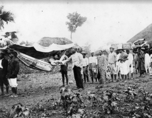 James Nathan Calloway, the leader of the Tuskegee expedition, travels by hammock, as was customary for dignitaries in German Togo. German officials used hammocks made of African cloth because it was much sturdier than the European cloth sold in West Africa. The man grasping Callowayâs hand is likely John Winfrey Robinson, who would soon become the head of Tuskegee efforts in Togo. Source: Family collection of Constance Calloway Margerum, granddaughter of James Nathan Calloway. Reprinted with permission.