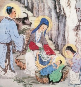 One recent Chinese depiction of Jesus and the Virgin Mary. During the 1920s, German missionary societies turned from depicting Christ according to Renaissance conventions (including portraying him as a European) to potraying Jesus as physiognomically Chinese.