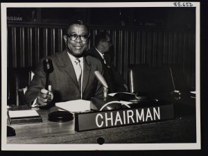 A close-up of Egerton Richardson, Chairman of the Committee on the International Year for Human Rights, calling the meeting to order, Source: United Nations Photos.