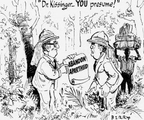 In 1976, Henry Kissinger suddenly decided to inject American diplomacy into the region in order to stave off a Cold War conflict fought along racial lines. Observers thought he twisted John Vorster's arm to persuade him to abandon support for white rule in Rhodesia and South-West Africa, hence the cartoon. In fact, Vorster was using Kissinger to provide domestic political cover for ends he already wanted to achieve. Johannesburg Star, 1976.