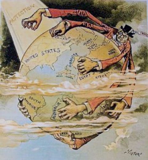 'Free Trade England Wants the Earth.' Pro-Republican Judge magazine depicts US protectionism shielding the country from the British free trade spiderâs grasp, 27 Oct. 1888. Source: he âConspiracyâ of Free Trade: The Anglo-American Struggle Over Empire and Economic Globalisation, 1846-1896 (Cambridge University Press, 2016).