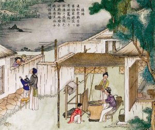 Silk spinning, Chinese illustration, dated 1696. Source: https://www.historytoday.com/reviews/global-success-silk.