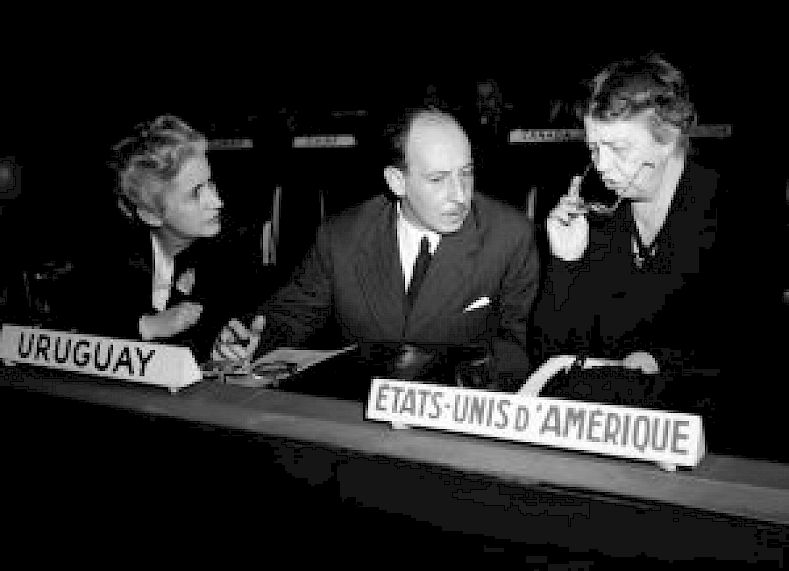 United Nations Social Committee chair Eleanor Roosevelt (right) with colleagues of Venezuela.